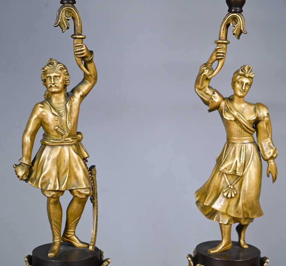 A pair of continental bronzed and ormolu four-sconce candelabra with figural pillars, 59 cm high o/a - Image 2 of 4