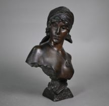 After Emmanuel Villanis (1858-1914), a brown patinated bronze female bust 'Fille de Bohème', 27 cm