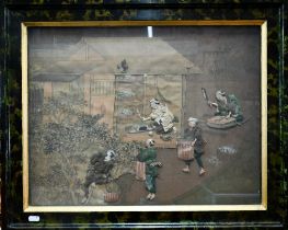 A late 19th or early 20th century Chinese silk work study with painted street scene applied with