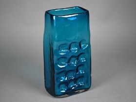 A large Whitefriars blue rectangular glass vase with impressed dimples textured design by Geoffrey