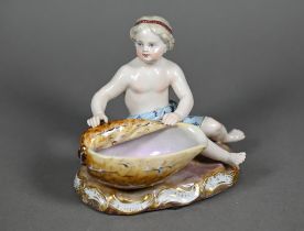 A late 19th century Meissen porcelain salt, modelled as a putto with a seashell, incised 'F182',