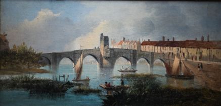 19th century Continental school - Bridge spanning a wide river, oil on canvas, 24 x 50 cm