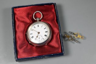 A silver cased pocket watch, the rear wind key movement with white enamelled dial incorporating