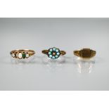 A 9ct yellow gold signet ring, size J, appox 1.9g; a turqouise set cluster ring and an opal ring (3)