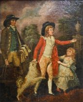 F Wheatley attrib (1747-1801) - Children in a garden, oil on board, 35 x 30 cm