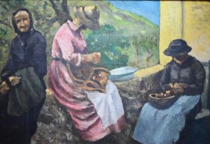 J R White? - Three ladies on a wall preparing food, oil on canvas, 45 x 65 cm
