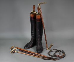 A pair of vintage leather riding-boots, the boot-trees inscribed for A C Goodall Esq Royal Dragoons,