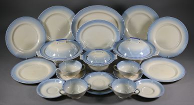 A Royal Doulton Art Deco part dinner service with fading blue-banded decoration, comprising a pair