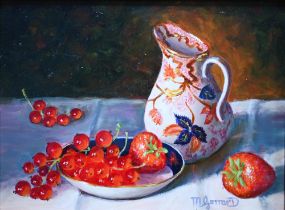 M Gerrard - Still life study with saucer of strawberries and redcurrants, oil on board, signed lower