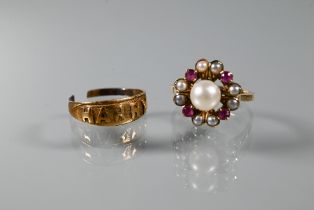 A 9ct yellow gold antique cluster ring set pearls and rubies, size M 1/2 to/w a broken ring '