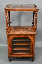 A Victorian inlaid walnut veneered display music cabinet, with tubular brass 3/4 gallery top over an