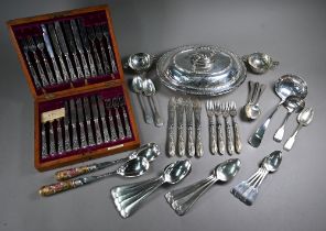 An oak-cased set of twelve each kings pattern dessert knives and forks, to/w an entrée dish and