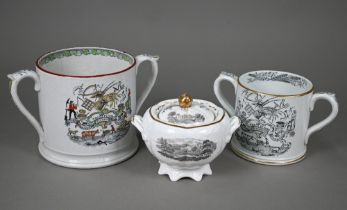 Two 19th century Staffordshire pottery two handled loving cups, printed with 'God Speed the Plough',