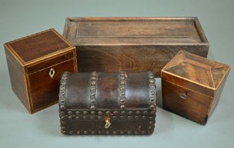 A Regency mahogany single sarcophagus tea caddy box, to/w a Sheraton mahogany cube tea caddy with
