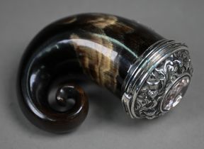 A Victorian sheep's-horn snuff mull, the unmarked silver hinged cover embossed with thistle design