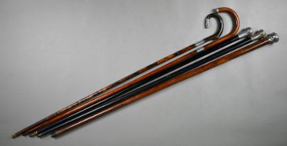 Two silver-mounted walking sticks and three canes - one with silver pommel (5)