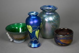 Four various studio glass pieces including Loetz-style iridescent ovoid vase by Okra and an Art