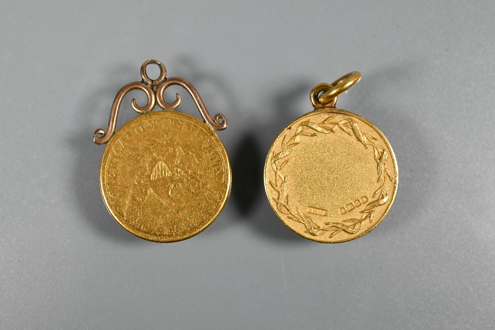 An 18ct yellow gold medal for Headingly Golf Club, 9.3g; a 1907 US dollar with pendant mount, a - Image 6 of 9