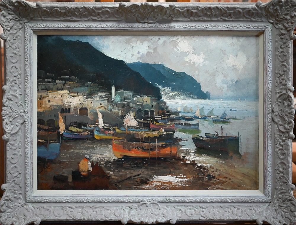 Continental school - Amalfi coast harbour at low tide with seated figure, oil on canvas, - Image 2 of 4
