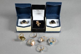 Ten various 9ct yellow gold rings including garnet and opal set Figa style ring, cameos, oval