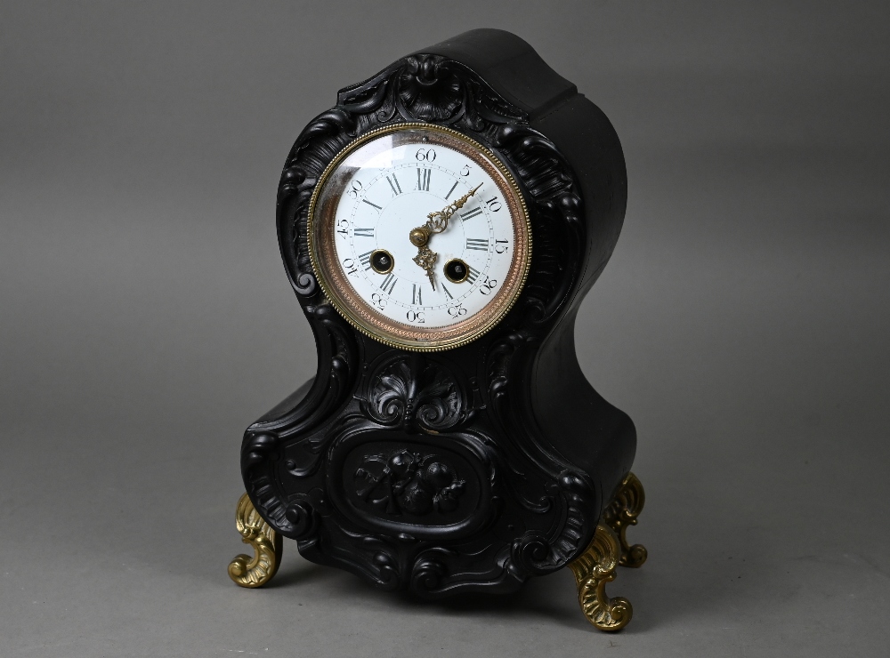 Late 19th century Rococo style French mantel clock, with ebonised case, the twin train eight day