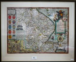 A 17th century County map engraving of Lincolnshire, Jacob Hondius 1610, mounted framed and