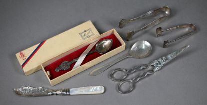A pair of silver grape scissors, Birmingham 1910, a boxed George VI Coronation teaspoon, preserve