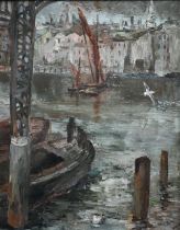 WDN H - Continental harbour view, oil on canvas, signed with initials and dated '59 lower right,