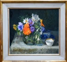 Pamela Kay (b 1939) - 'Glass of late summer flowers and a white bowl', oil on board, signed with
