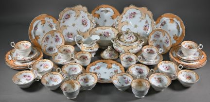 An early Victorian bone china tea service in the manner of Ridgway, painted and printed with