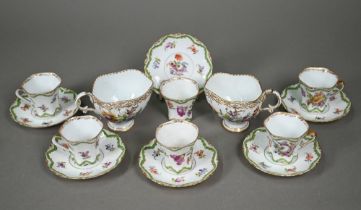 A pair of Dresden floral-painted cabinet cups to/w a set of six floral-painted Dresden coffee cups