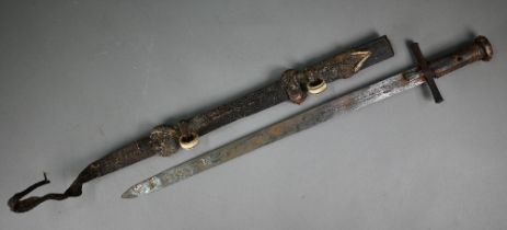 An African Hausa tribal sword, the 53 cm blade with iron crosspiece guard and hide-bound wooden grip