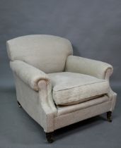 George Smith, a pair of contemporary oatmeal linen upholstered deep easy armchairs in the Howard