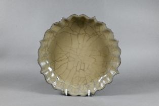A Chinese Guanyao style shallow bowl with scalloped rim covered overall with an opaque mushroom
