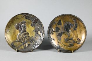 Amendment - Two Japanese antimony metallic 'Geisha' dishes, 20th century, 15 cm diameter