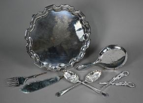 A pair of silver fish servers (no handles) 6.5oz, to/w a silver-backed hand mirror, a pair of EP