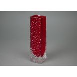 A Whitefriars ruby-square vase with textured and polished sides, 16.5 cm high, with partial original