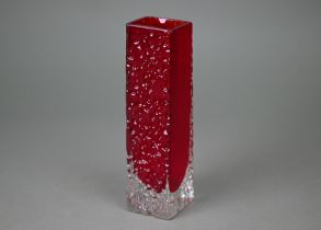 A Whitefriars ruby-square vase with textured and polished sides, 16.5 cm high, with partial original