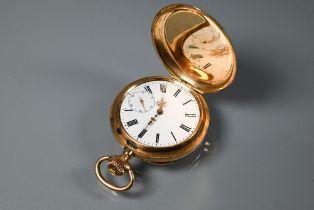 A continental 14K gold full hunter fob watch, the engine turned case with crown wind, the white