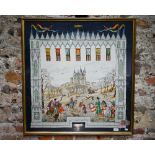 A Gucci headscarf depicting medieval hunting scene, 84 x 80 cm, in glazed frame