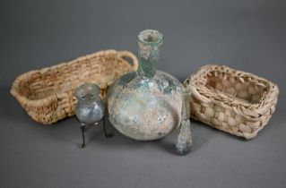 A Roman glass onion-shaped bottle-vase, 15 cm high to/w a small vial and a small globular pot with