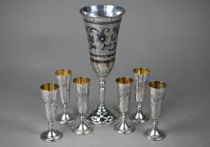 A Soviet Russian .875 standard goblet with engraved and niello floral decoration, 18.5cm high, to/