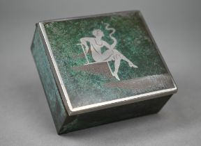 WMF, Germany - a 1930s cigarette box with fired patination finish featuring silhouette of lady