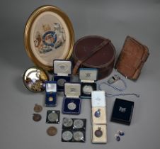 Various silver and other sports medallions, military badges, buttons, Metropolitan Police notebook