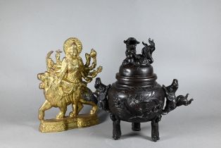 A 20th century Japanese bronze koro with high relief decoration of kacho-ga designs (birds and