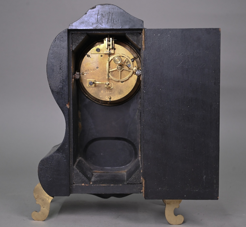 Late 19th century Rococo style French mantel clock, with ebonised case, the twin train eight day - Image 5 of 6