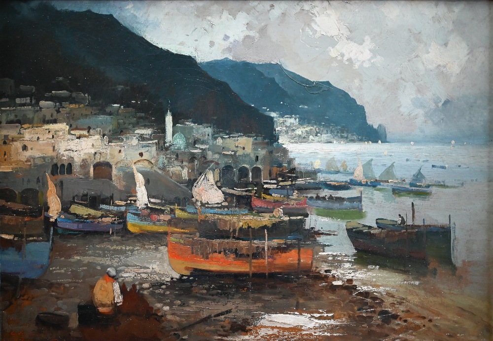 Continental school - Amalfi coast harbour at low tide with seated figure, oil on canvas,