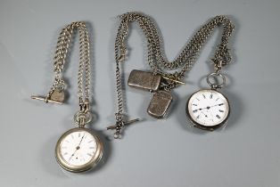 Two white metal pocket watches, rear wind movements, both at fault, together with two hallmarked