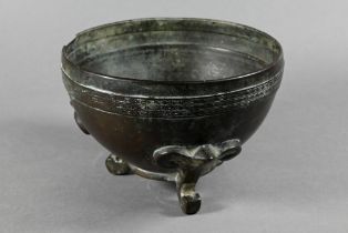 A 19th century Japanese bronze bowl, engraved with three rows of key-fret banding, cast with seal