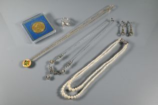 Mixed jewellery including double row cultured pearl necklace, marcasite necklace and earrings,
